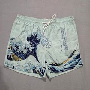Apoh London Great Wave Swim Trunks Mens XL Green Japanese Art Board Shorts